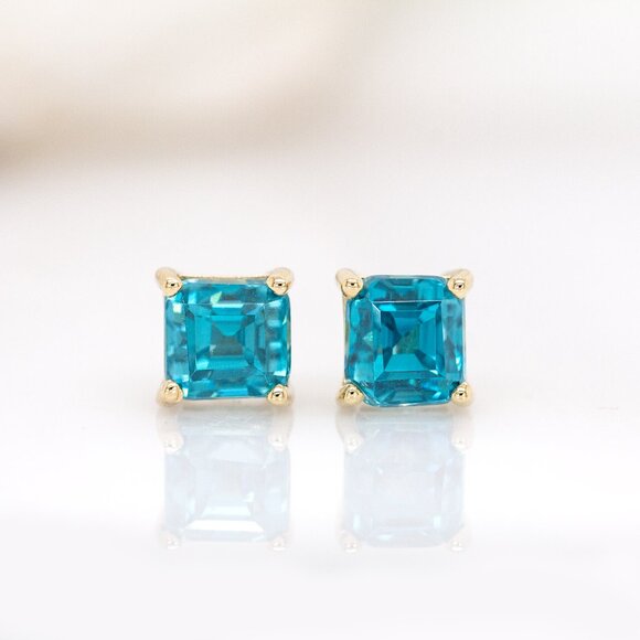 5.2cts Cambodian Blue Zircon Stud Earrings in 14K Solid Gold | 6mm - Picture 7 of 8